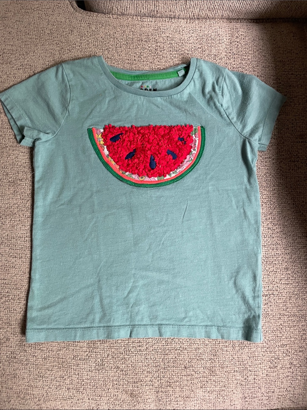 Boden Light Aqua Tee with Red Watermelon Appliqué